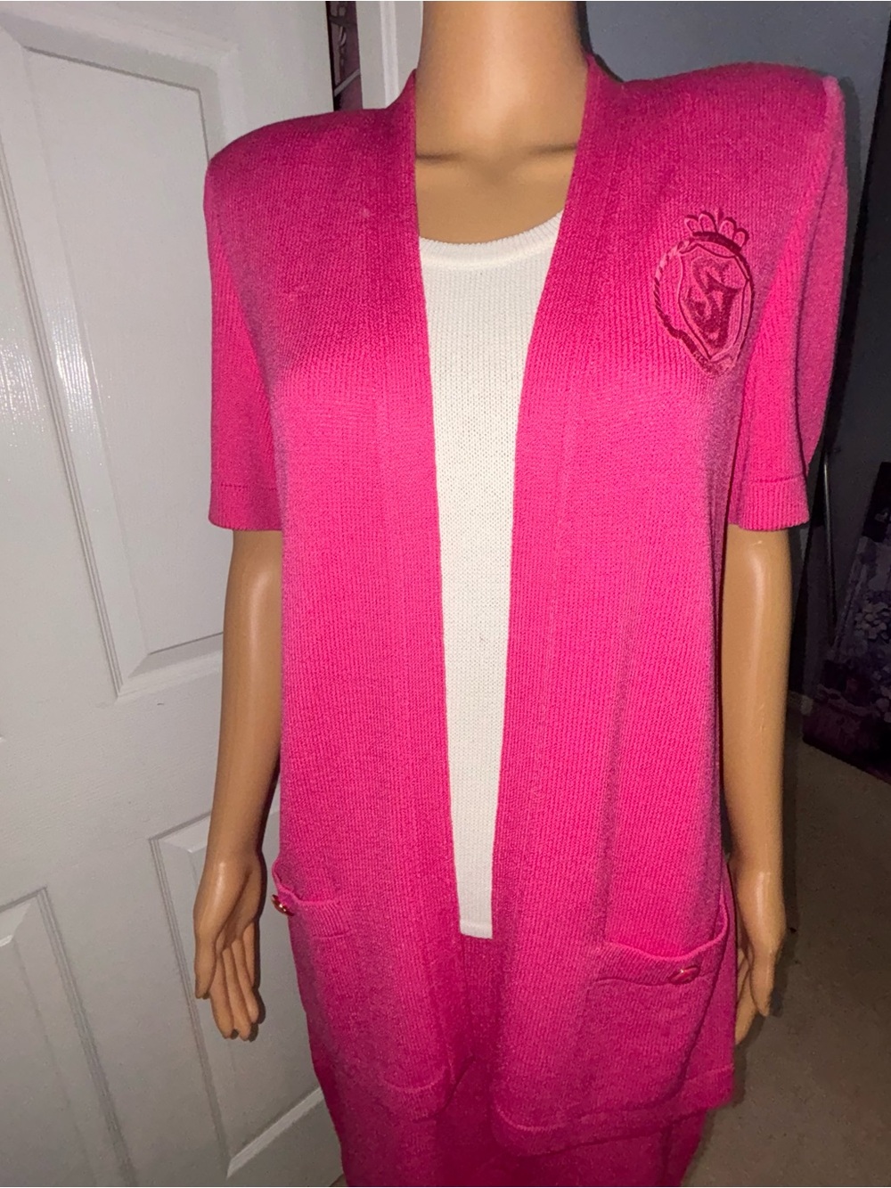 Vintage St. John Collection Fuchsia Pink and white Knit Dress & Cardigan Set - Picture 9 of 11